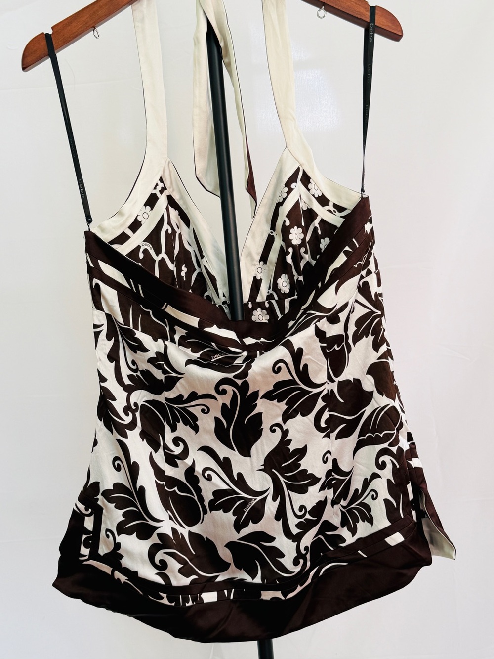 Bebe.  Reversible Women’s Brown and Cream Halter Silk Top - Picture 6 of 6